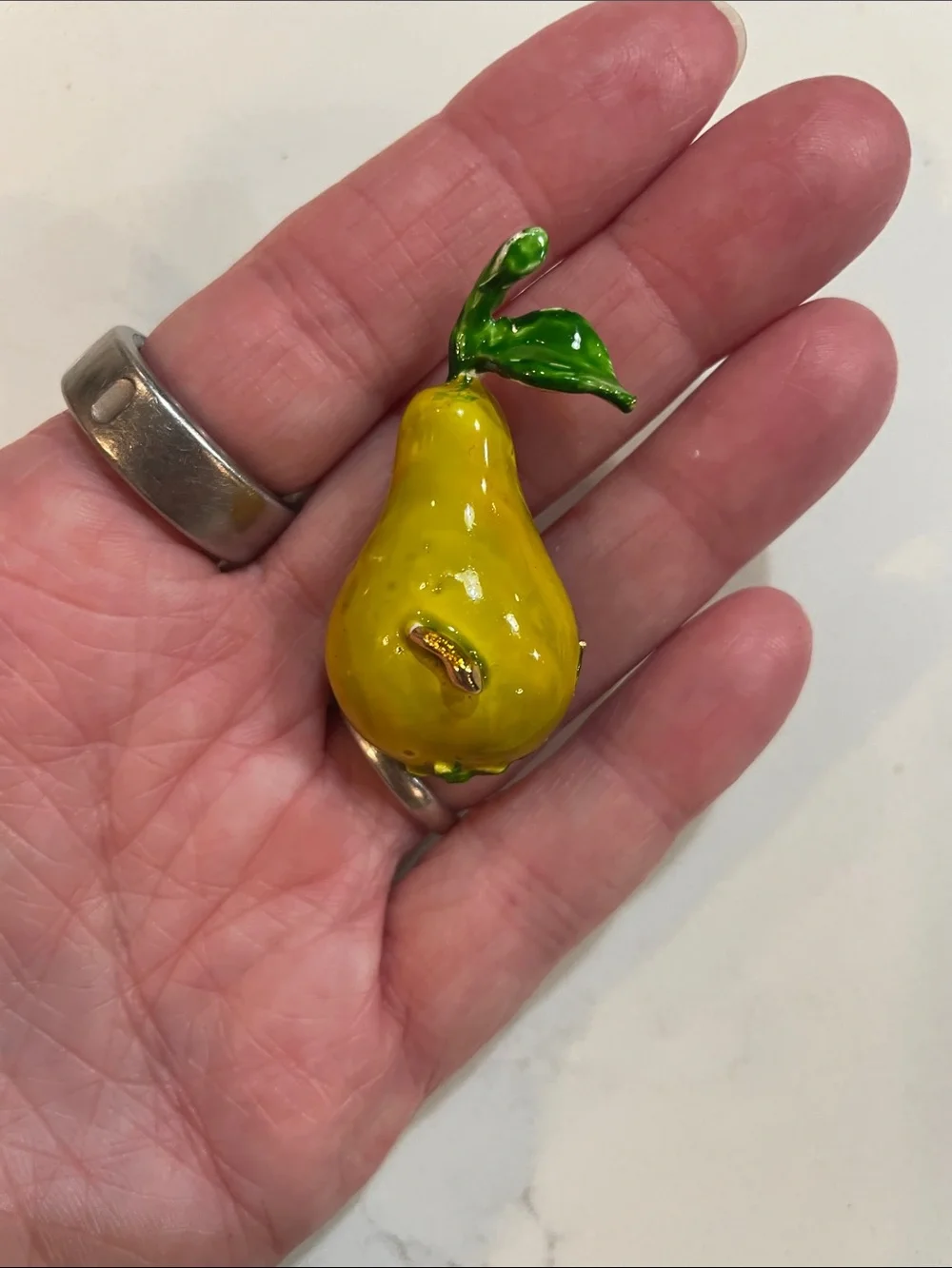 1960's VINTAGE Glossy Yellow Enamel Pear Accent with Green Leaf Brooch